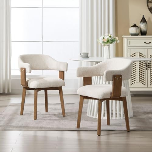 Wahson Beige Upholstered Dining Chairs Set of 2, Mid Century Modern Dining Room Chairs with Wooden Legs and Armrest, Chenille Fabric Barrel Kitchen Chairs for Kitchen/Living Room | Amazon (US)