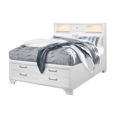 White King Bed With Storage And Lit Headboard, Bookcase Design, Solid Wood , No Box Spring, Modern Bedroom Decor | Wayfair North America