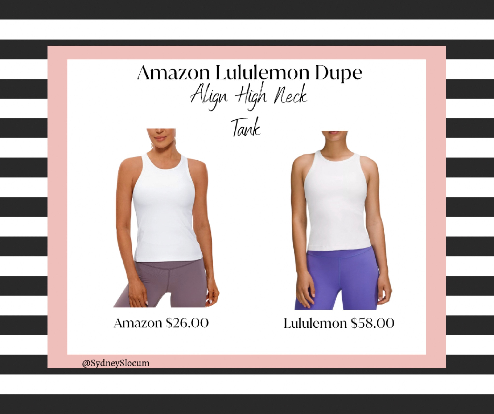 Amazon Lululemon Dupe for the Align High Neck Tank that is waist length. Amazon tank is $26.00 and the Lululemon tank is $58.00. This is my absolute favorite tank top for running errands, working out, or being outside. 🎽🤍☀️💪🏼

#Amazon #Lululemon #Dupe #Spring #Summer #Align #HighNeck 

#LTKunder50 #LTKunder100 #LTKSeasonal