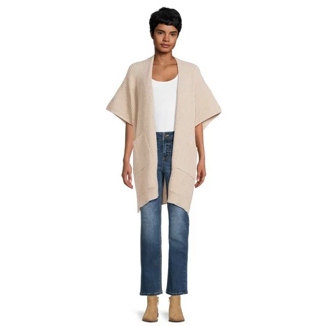 Time and Tru Women's Ribbed Sweater Cape with Pockets, One Size, Tan - Walmart.com | Walmart (US)