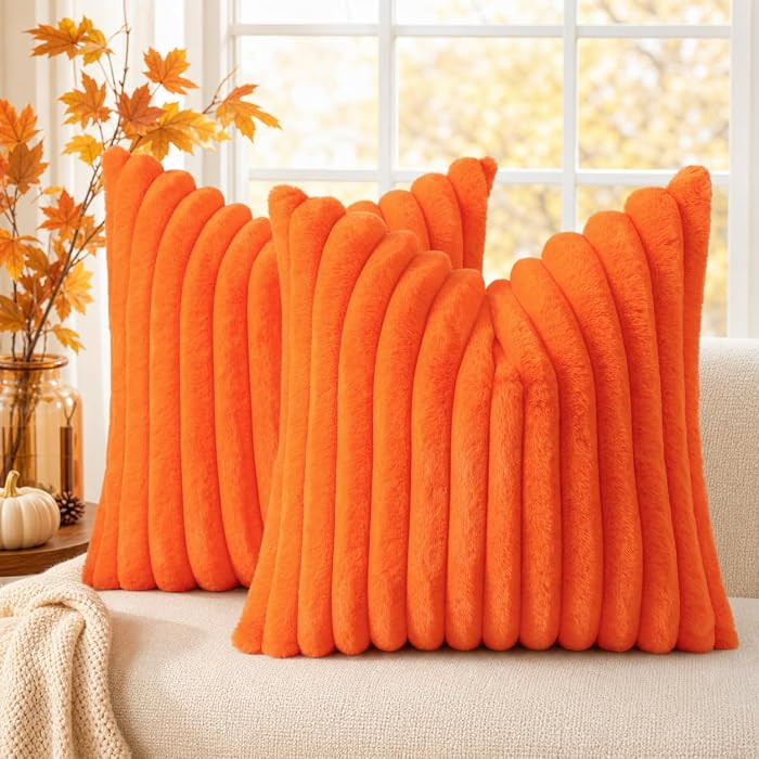 decorUhome Fall Cozy Faux Fur Throw Pillow Covers 18x18 Set of 2 Decorative Soft Plush Striped Mo... | Amazon (US)