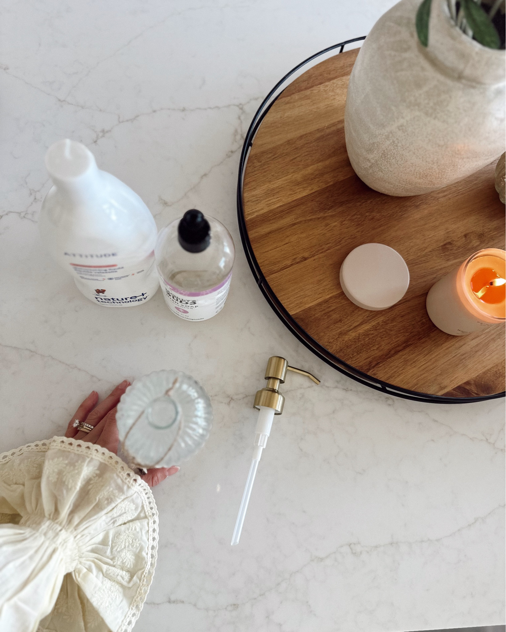 Cutie new “dish soap” 🧼🫧 I love the vintage feel to this glass + gold soap dispenser! ✨🌼🧺 linking my favorite nontoxic dish soaps we use as well! 

#LTKHome #LTKFamily #LTKU