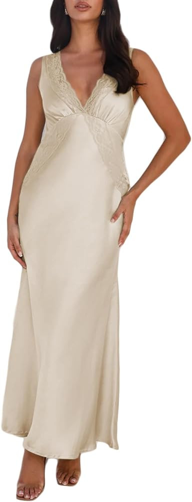 BAGONE Summer Satin Lace V Neck Backless Wedding Guest Maxi Dresses for Women Elegant Sleeveless ... | Amazon (US)