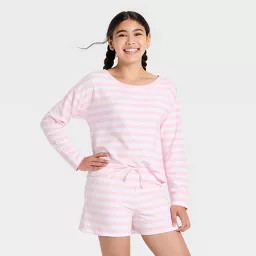 Girls' Boatneck Striped Long Sleeve Top - art class\u2122 Light Pink/White L | Target