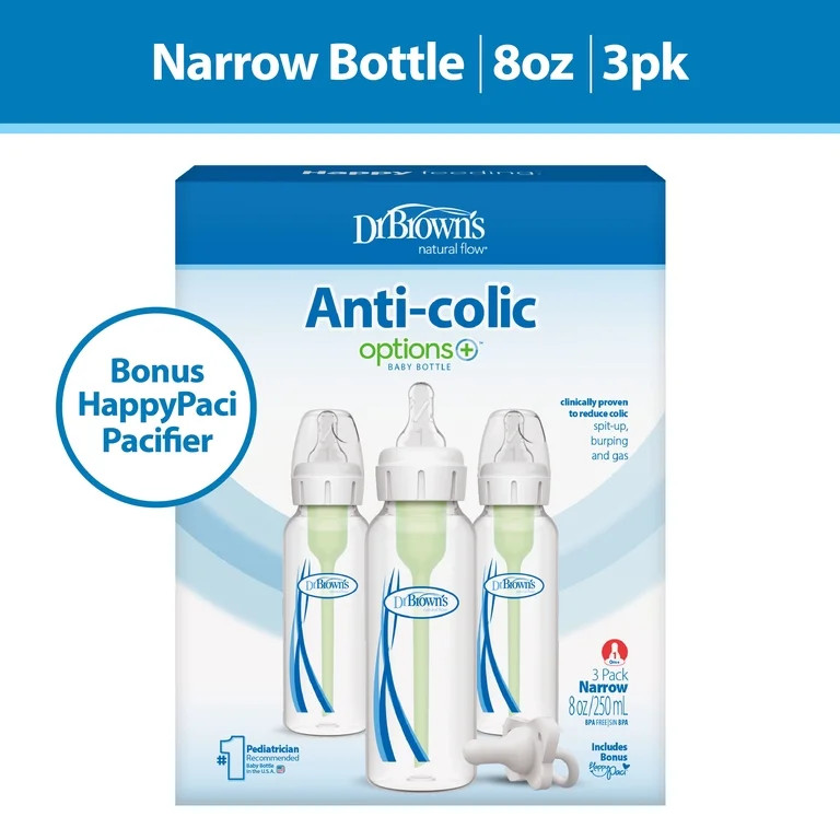 Dr. Brown's Natural Flow Anti-Colic Options+ Narrow Baby Bottle, 8oz, 3 Pack + HappyPaci | Walmart (US)