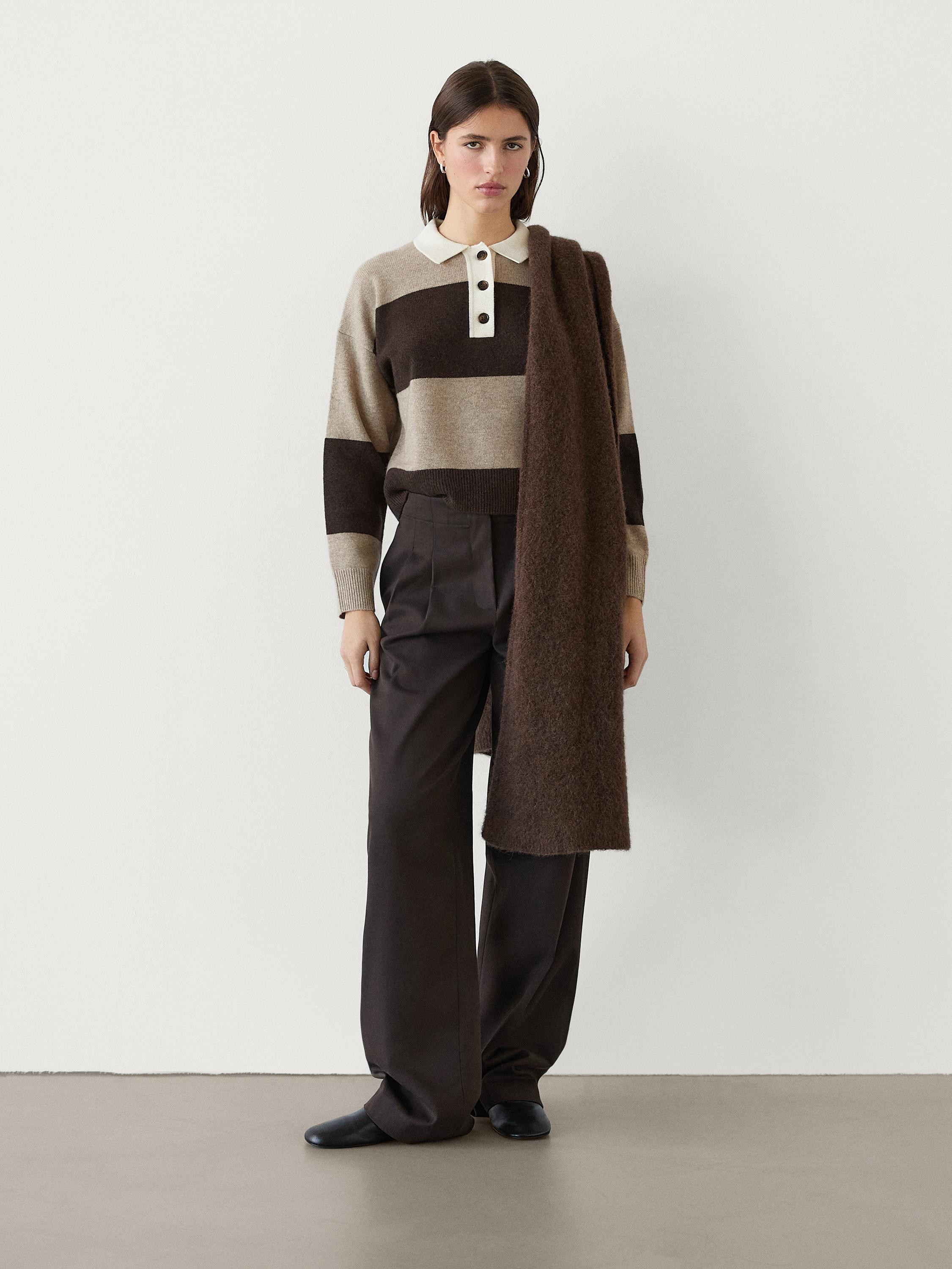 Knit sweater with polo collar and stripes | Massimo Dutti UK