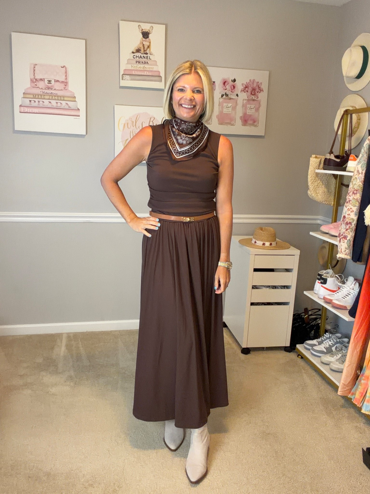 Jersey knit maxi drop waist TTS
Adjustable belt from Amazong
Brown and white scarf

#LTKOver40 #LTKMidsize #LTKWorkwear