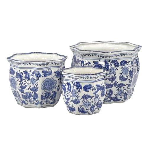 Galt International Blue & White Round Fluted Classic Floral Porcelain Ceramic Plant Flower Planter Pot Set of 3 (7.5", 10", 13") Garden Pots Chinese Asian Design | Amazon (US)