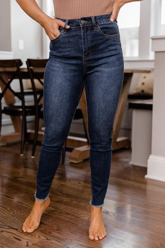 Mary Frayed Edge Dark Wash Skinny Jeans | The Pink Lily Boutique