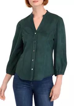 Women's Vegan Suede Split Neck Button Front Shirt | Belk