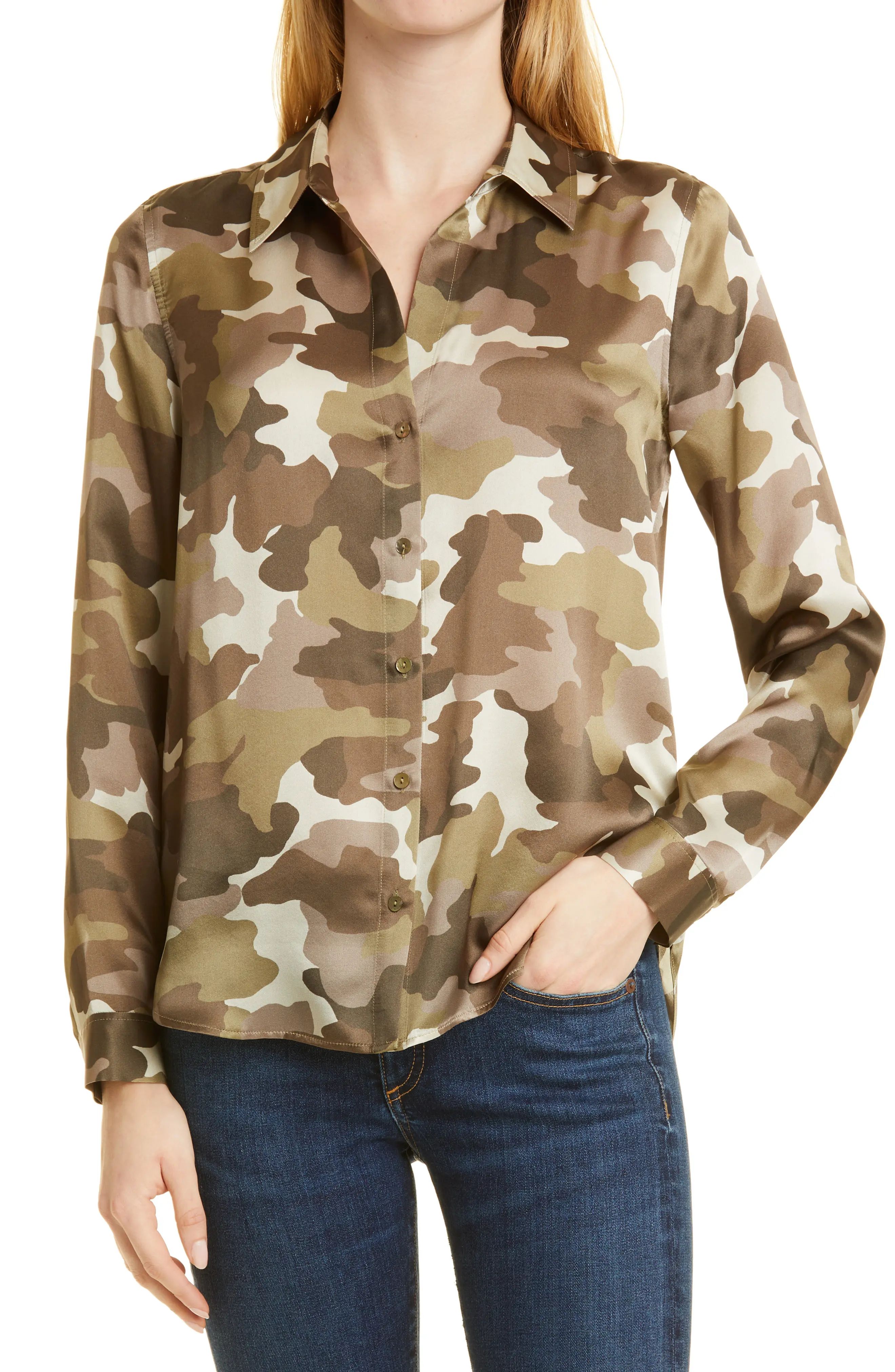 L'AGENCE Tyler Holly Camo Silk Blouse in Army Green Multi Camouflage at Nordstrom, Size Small | Nordstrom