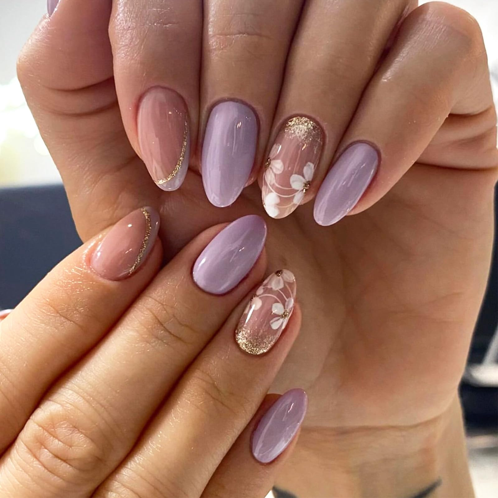 Spring Press on Nails Short Almond Fake Nails with Floral Design Glossy Purple False Nails White ... | Amazon (US)