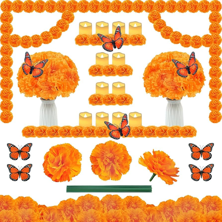 Day of The Dead Decorations Set, 50 PCS Artificial Marigold Flowers with Stems, 12 PCS Monarch Bu... | Amazon (US)