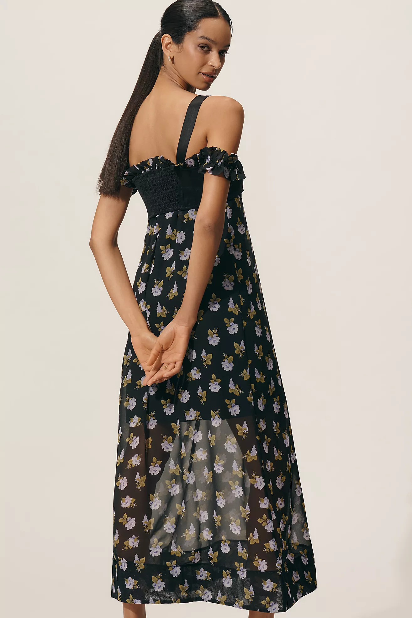 Maeve Square-Neck Sheer Floral Midi Dress | Anthropologie (US)