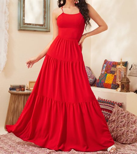 SHEIN VCAY Lace-Up Halter Tiered Ruffled Maxi Dress
Red dress
Summer dress
Women’s dress

#LTKstyletip #LTKtravel #LTKFind