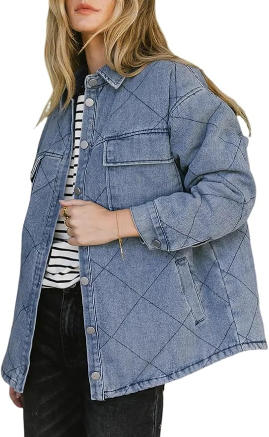 Denim Jacket for Women Fashion Solid Oversized Long Sleeve Button Down Shacket Jacket Coat with P... | Amazon (US)