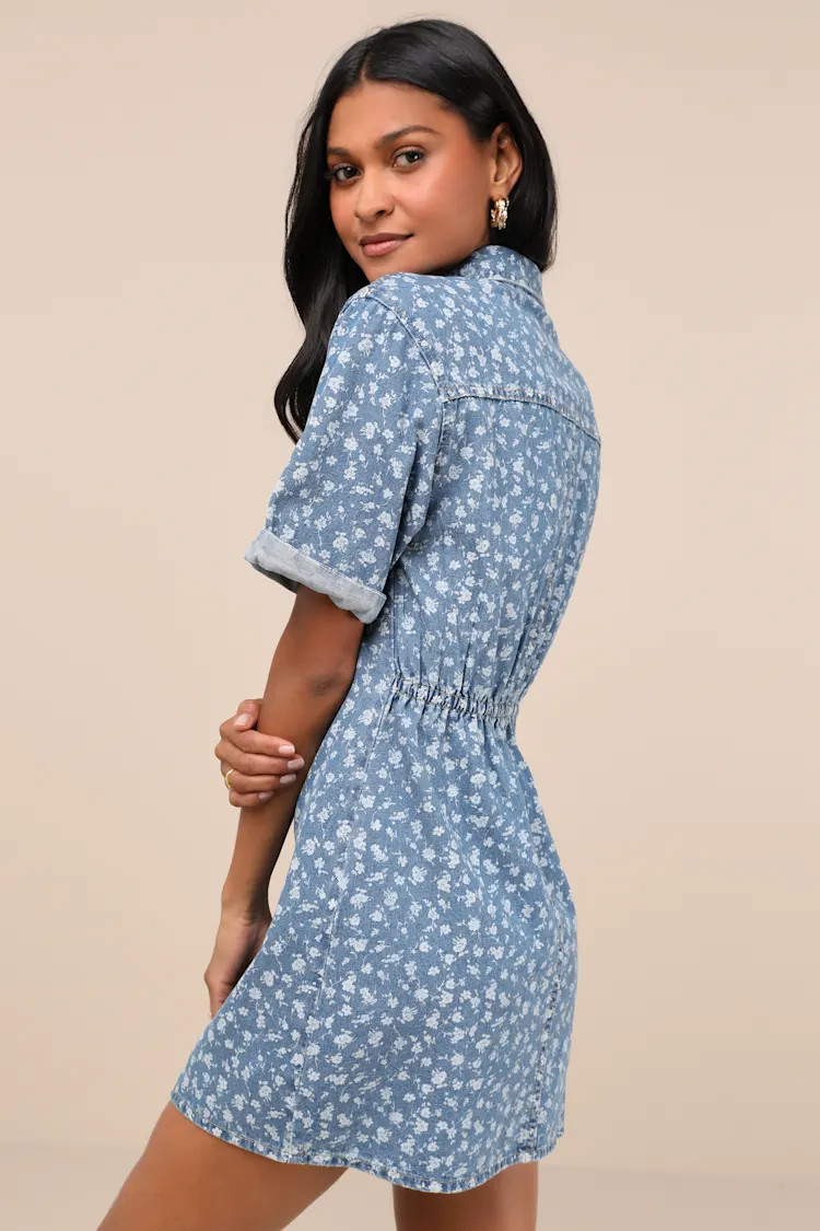 Renske Light Wash Floral Print Denim Mini Dress | Lulus