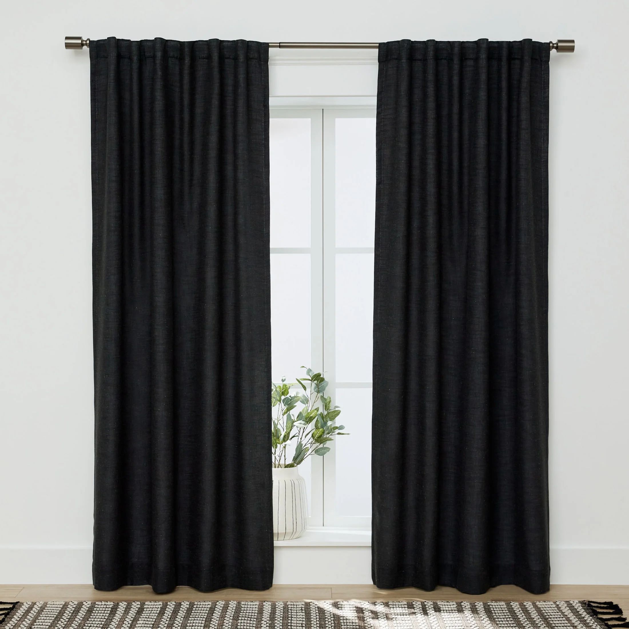 Better Homes & Gardens Blackout Linen Blend Curtain Rod Pocket Back Tab, Single Panel, Rich Black... | Walmart (US)