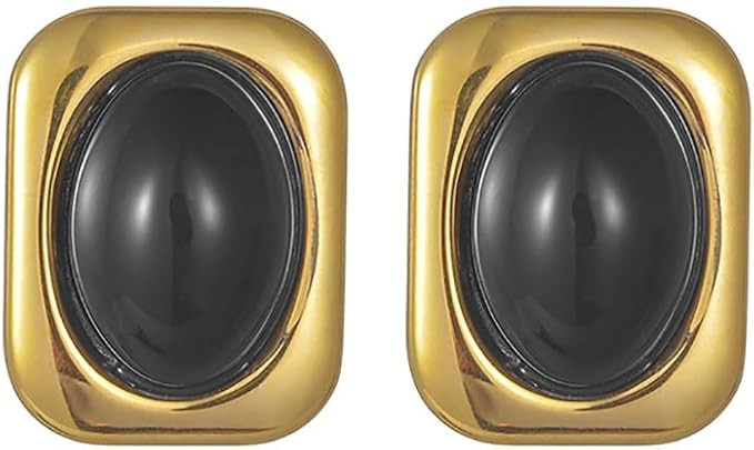 Gold Statement Chunky Stud Earrings for Women Girls Stainless Steel Black Oval Stone Geometric Sq... | Amazon (UK)