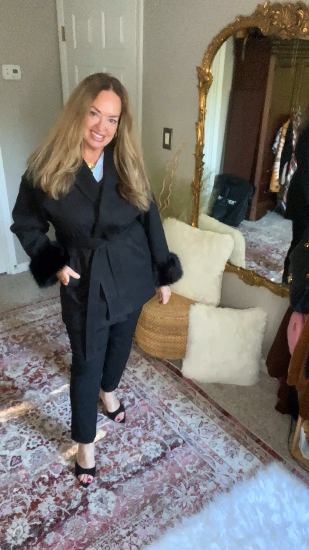 Shawl collar coat with faux fur cuffs!
So sophisticated are very warm!

Great gift idea too!