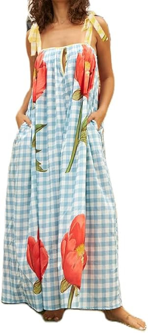 ROAONOCOMO Women Tie Shoulder Graphic Boho Maxi Dress Sleeveless Flowy Tiered A Line Dress Summer... | Amazon (US)