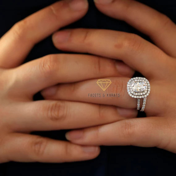 3 ctw Cushion Radiant Cut Double Halo Engagement Ring Wedding Bridal Set 14k White Gold Lab Creat... | Etsy (US)