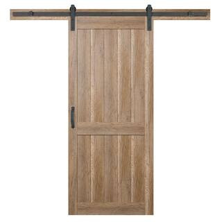 Masonite 36 in. x 84 in. 2 Panel Plank Sandy Brown Interior Sliding Barn Door Slab with Hardware ... | The Home Depot