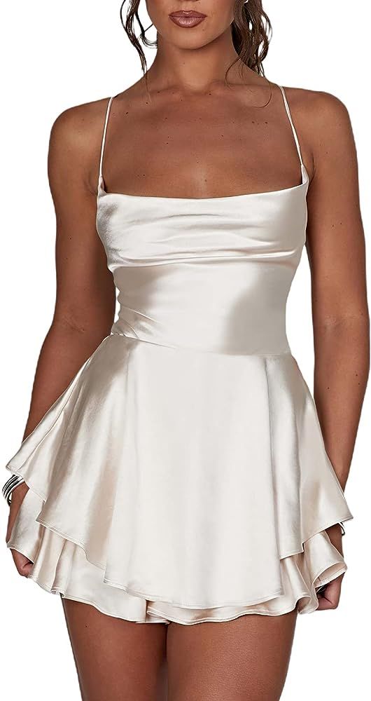Women's Sexy Satin Mini Dress Sleeveless Tie Backless Cowl Neck Cocktail Party Silk Mini Cami Dre... | Amazon (US)