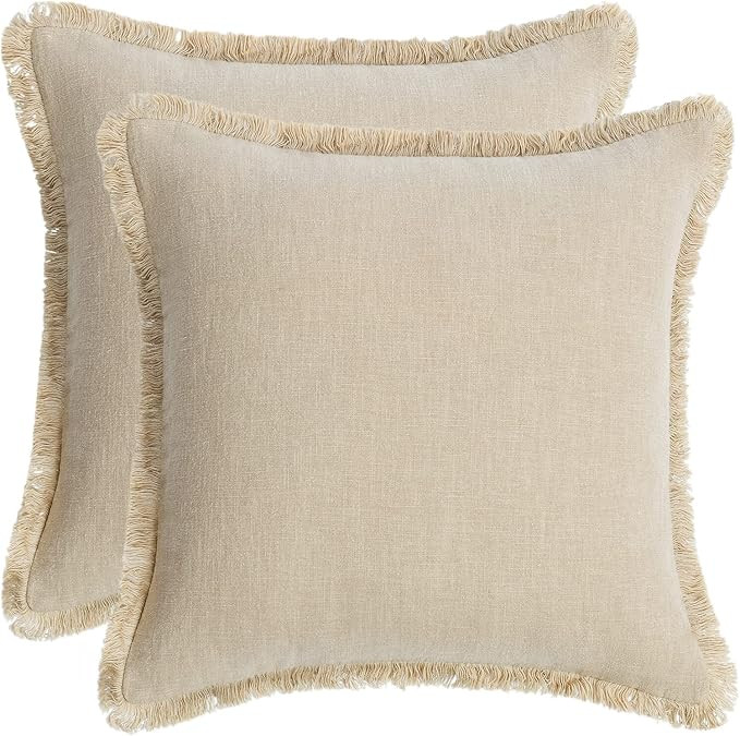 AmHoo Pack of 2 Linen Pillow Covers with Tassels Fringed Decorative Rustic Natural Throw Pillowca... | Amazon (US)