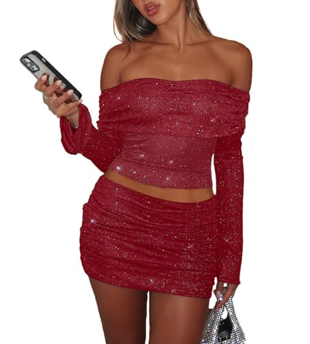 Womens Sexy Two Piece Outfits Mesh Off Shoulder Y2K Going Out Crop Top Bodycon Skirt Sets Long Sl... | Amazon (US)