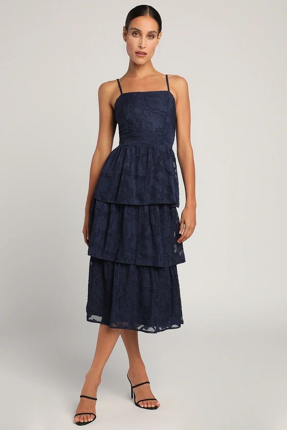 Grace and Beauty Navy Blue Burnout Floral Print Tiered Dress | Lulus