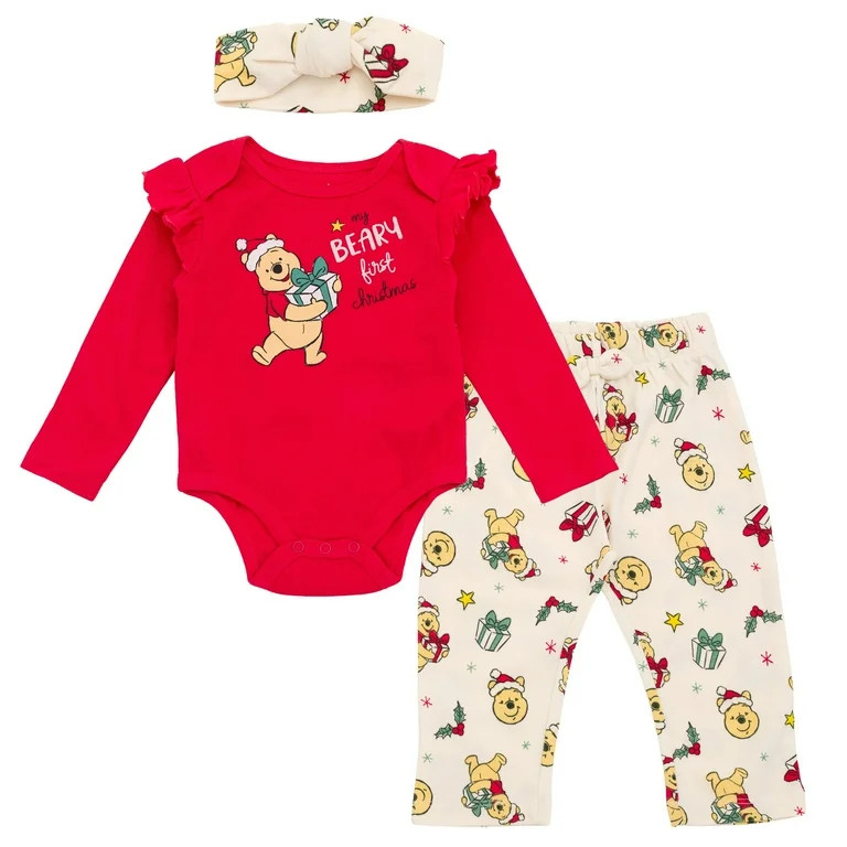 Disney Winnie the Pooh Christmas Bodysuit, Pants and Headband 3 Piece Outfit Set Newborn to Infan... | Walmart (US)
