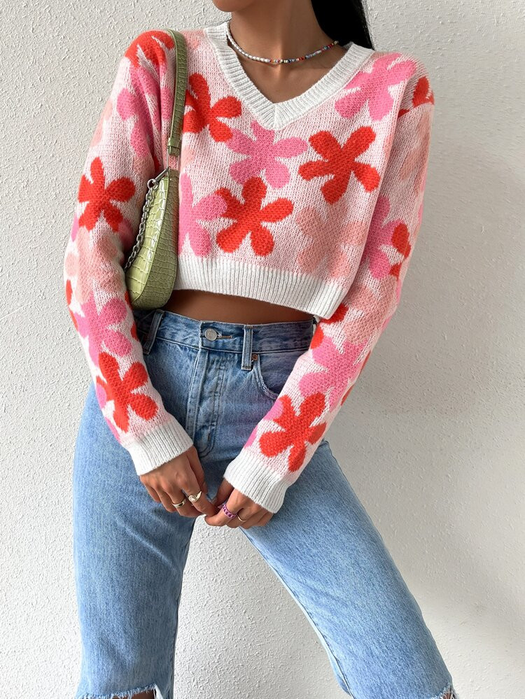 Floral Pattern Crop Sweater | SHEIN