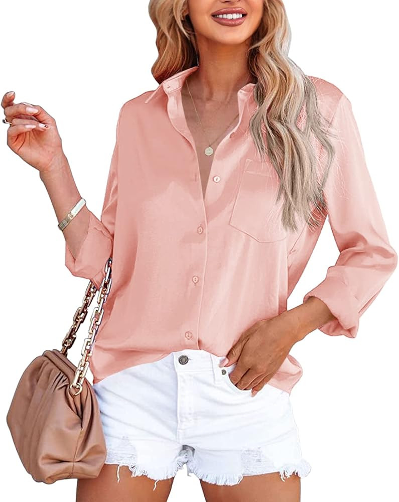 Foshow Women's Button Down Satin V Neck Shirts Silky Long Sleeve Office Work Blouse Business Plai... | Amazon (US)