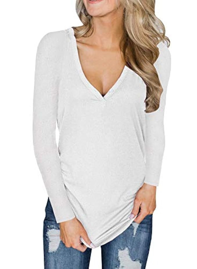 Surlong Womens Deep V Neck Long Sleeve Henley Shirts Button Up Knit Tunic Top Blouse | Amazon (US)