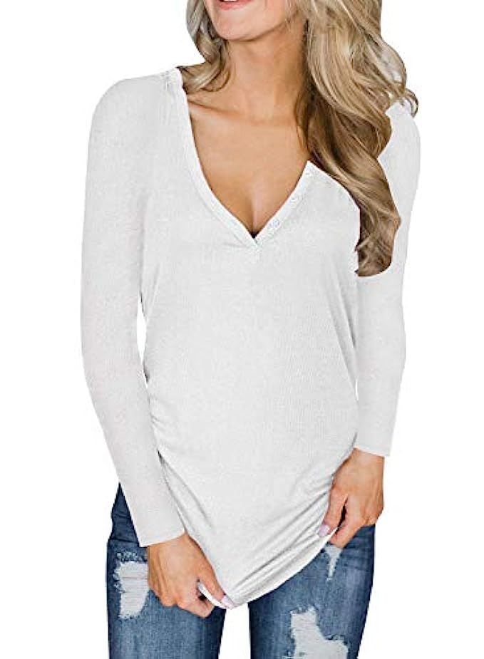 Surlong Womens Deep V Neck Long Sleeve Henley Shirts Button Up Knit Tunic Top Blouse | Amazon (US)