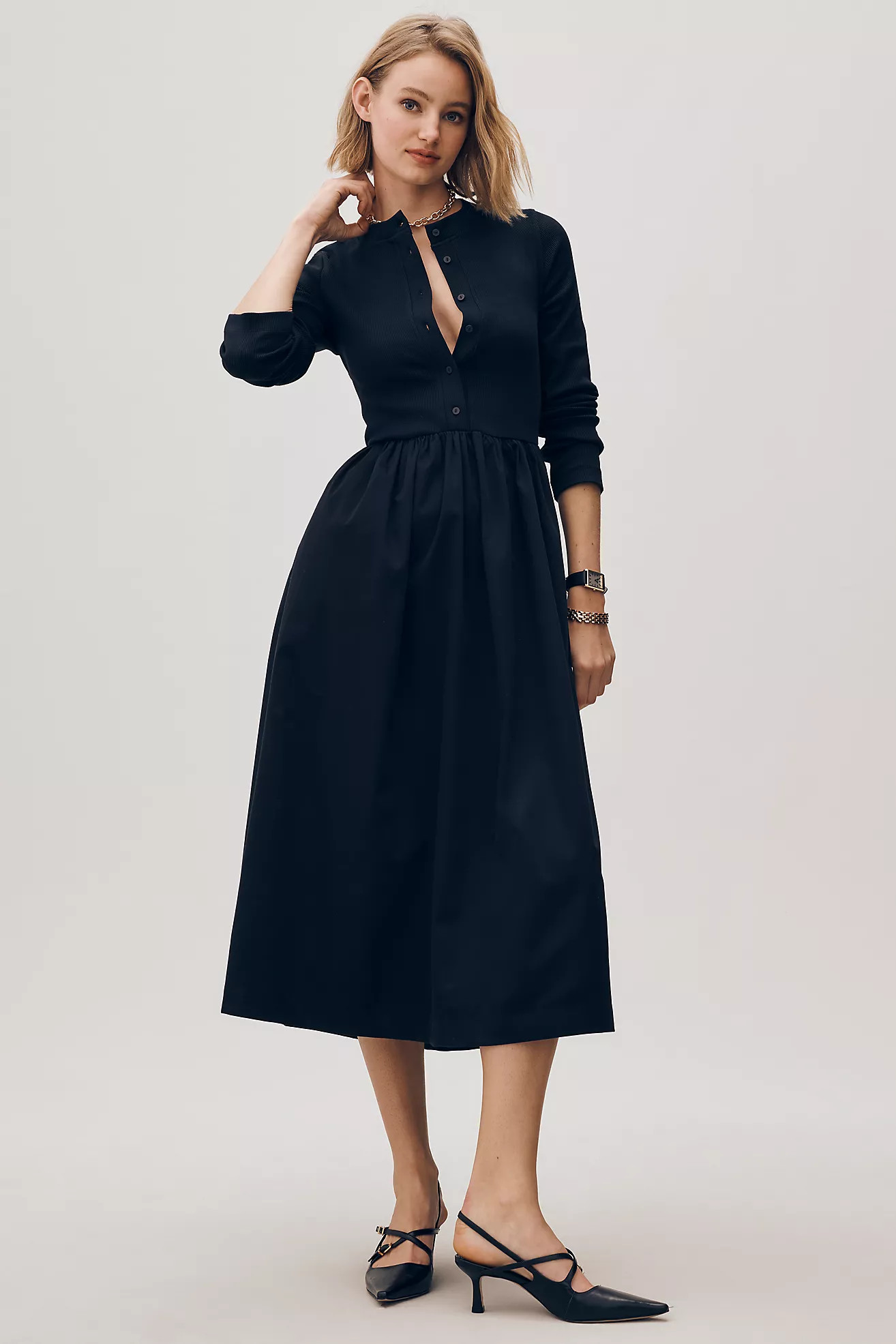 Maeve Long-Sleeve Twofer Cardigan Midi Dress | Anthropologie (US)