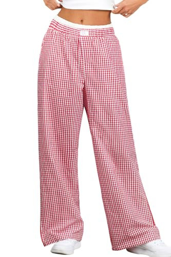 ​​​​​​Women Plaid Pants Wide Leg Pajama Boxer Pants Elastic Waist Y2K Lounge Gingham Bottoms Red S | Amazon (US)
