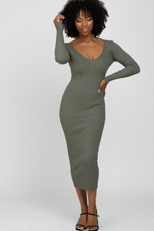 Light Olive V-Neck Long Sleeve Fitted Maxi Dress | PinkBlush Maternity