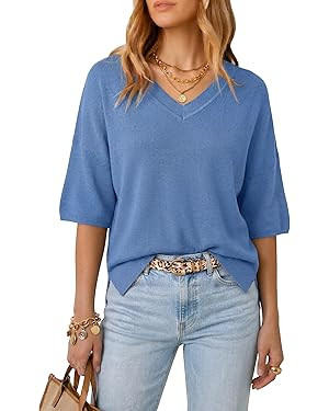 Arach&Cloz Women's Wool Blend Elbow Sleeve Summer Oversized Casual Sweater | Amazon (US)