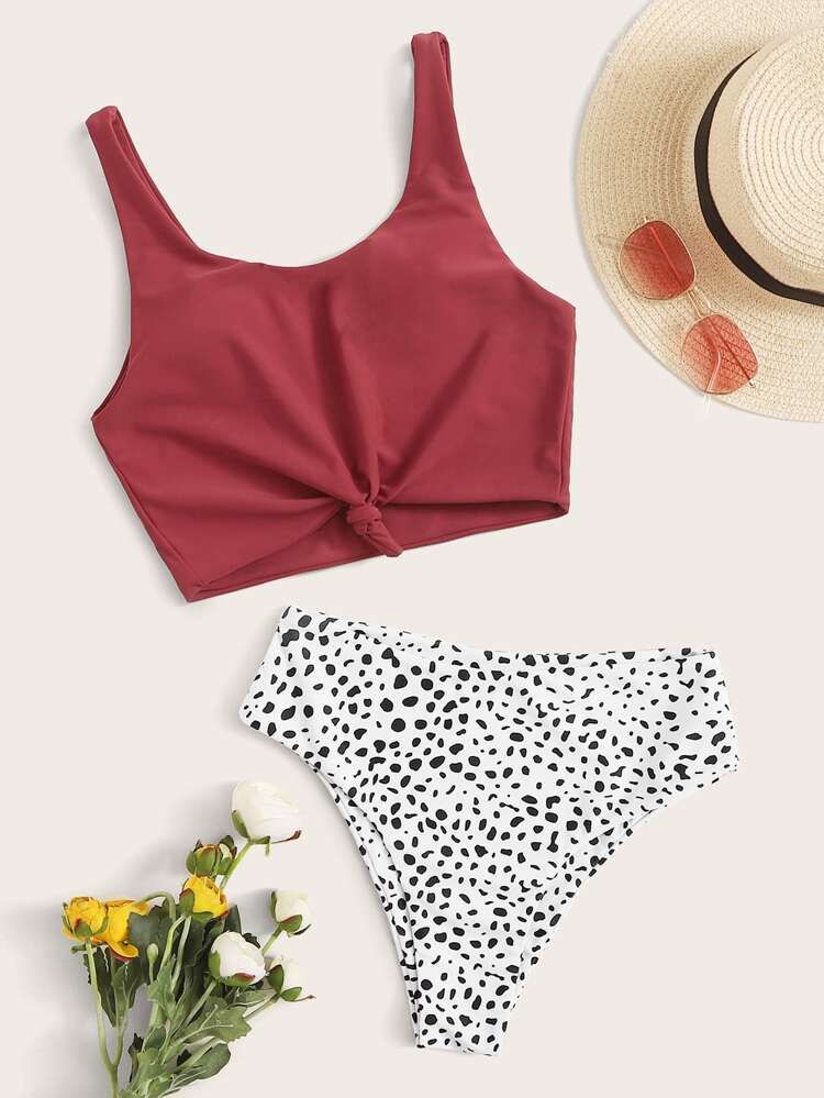 Tie Front Dalmatian High Waist Bikini Swimsuit | SHEIN