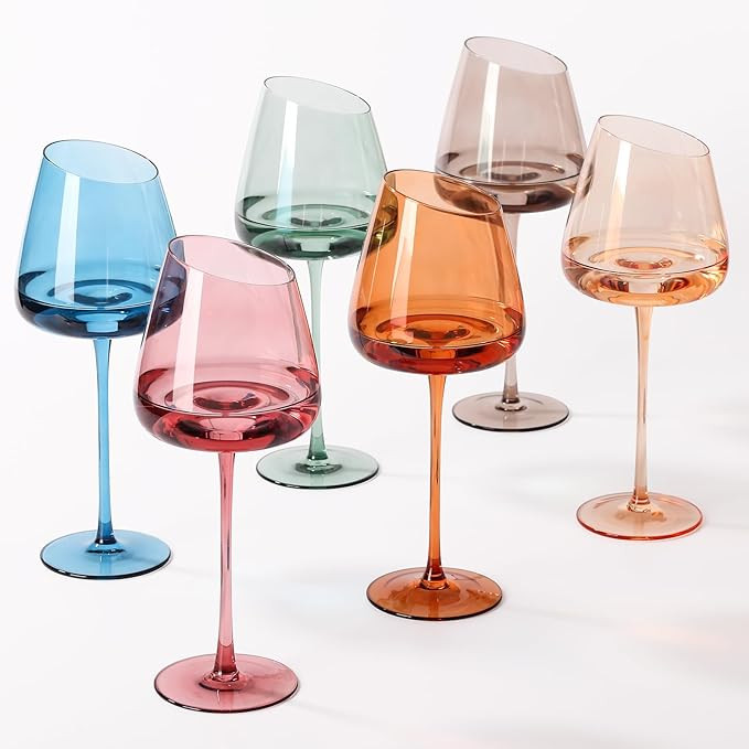 Slanted Colored Wine Glasses 18 oz (Pack of 6) - Hand-blown Crystal Wine Glasses, Perfect for Hom... | Amazon (US)