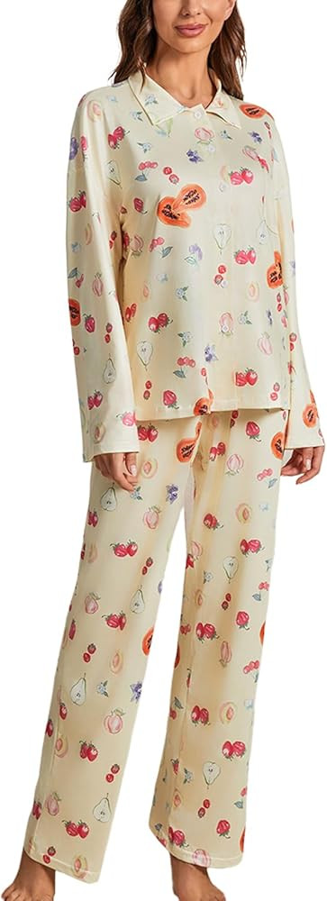 Arssm Women's Y2K 2 Piece Pajama Sets Long Sleeve Floral Fruit Printed Lounge Set Shirt WIde Leg ... | Amazon (US)