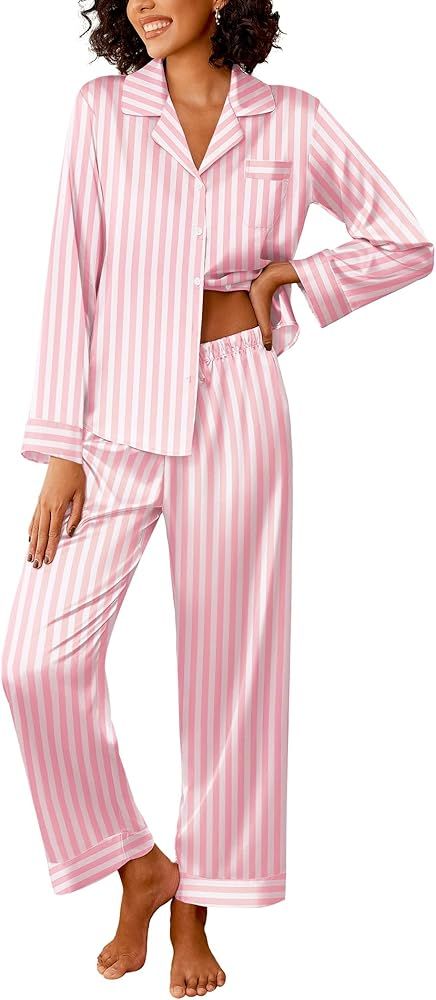 Ekouaer Womens Silk Satin Pajama Sets 2 Piece Sleepwear Pjs Set Long Sleeve Button Down Top and P... | Amazon (US)