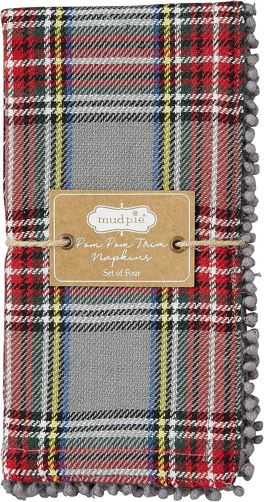 Mud Pie, Gray, Tartan Pom Napkin Set, 16" x 16" | Amazon (US)