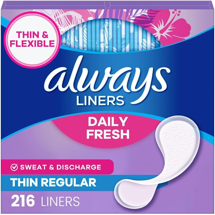 Always Daily Fresh Thin Liners, Regular Absorbency, Unscented Panty Liners, 216 Count | Amazon (US)