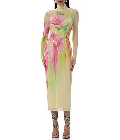 AFRM Shailene Floral Print Mock Neck Long Sleeve Mesh Midi Dress - L | Dillard's