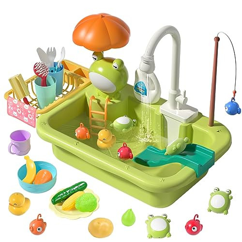 CUTE STONE Play Sink with Running Water, Kitchen Sink Toys with Upgraded Electric Faucet, Play Kitchen Toy Accessories, Pool Floating Fishing Toys for Water Play, Kids Role Play Dishwasher Toy | Amazon (US)