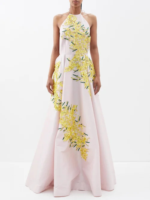 Bernadette - Delilah Floral-appliqué Halterneck Taffeta Gown - Womens - Blush Multi | Matches (US)