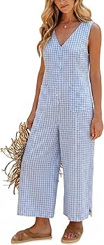 Amazon.com: UANEO Women's Button Down Gingham Plaid Jumpsuit Casual Daily Sleeveless Wide Leg Rom... | Amazon (US)
